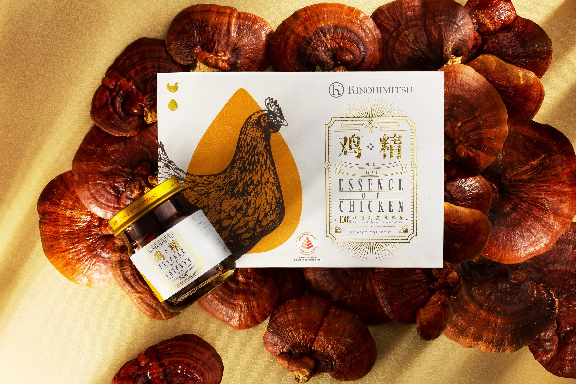Kinohimitsu Essence of Chicken product photographed with lingzhi